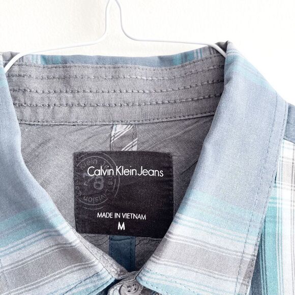 Calvin Klein Jeans Mens Long Sleeve Shirt Button Down Plaid Blue Medium - Picture 3 of 7